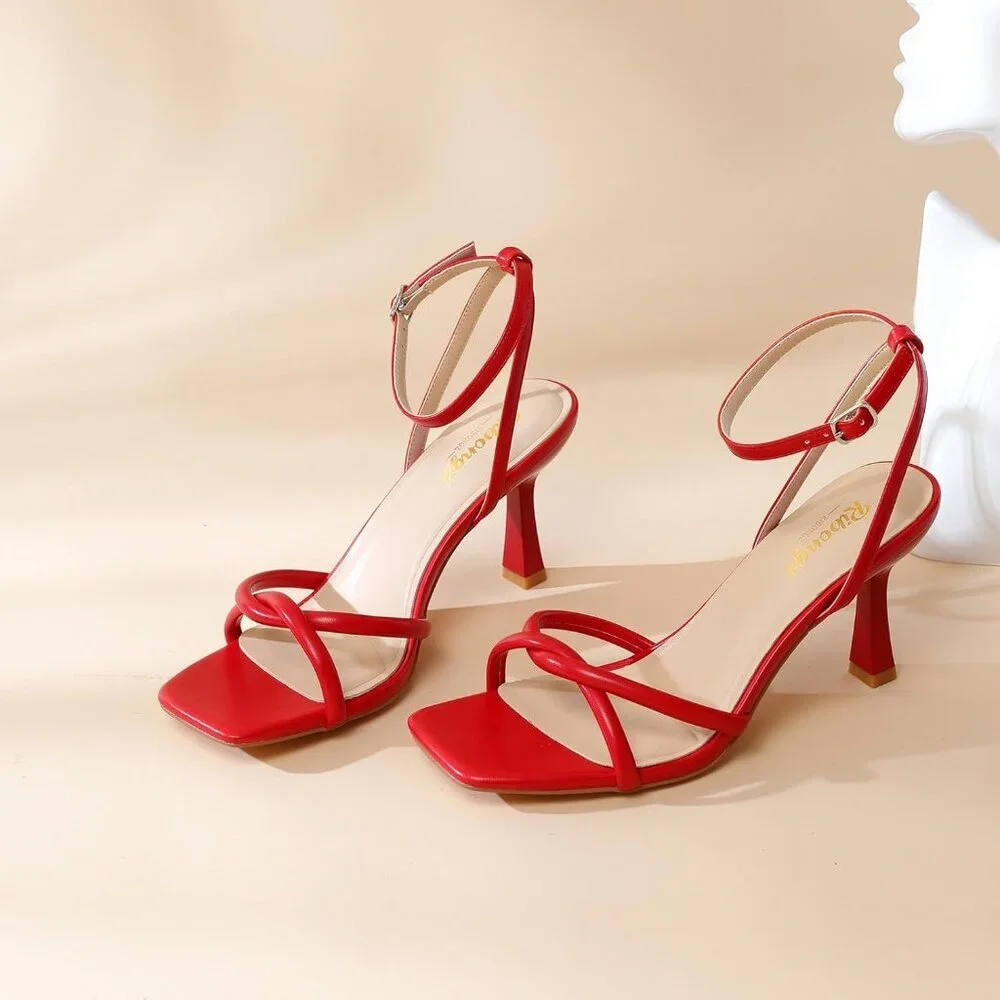 Women's Red Square Open Toe Kitten Strappy Ankle Strap Heeled Sandals Shoes - Picture 7 of 9